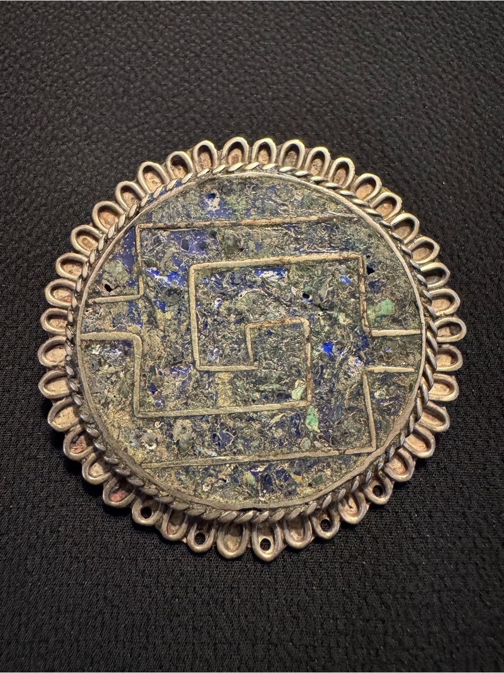 Vintage Taxco Mexico Sterling Silver Lapis Mosaic Brooch Aztec Geometric Design